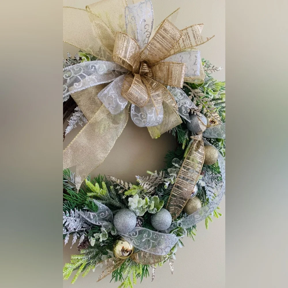 HAND CRAFTED Gold and Silver Ornament Embellished Christmas Wreath